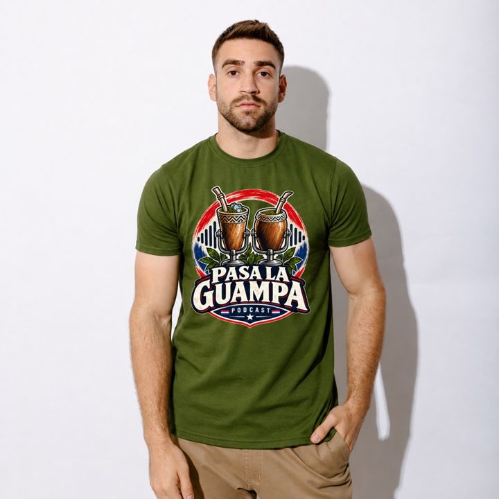 Remera verde oliva con el logo de Pasa la Guampa a todo color
