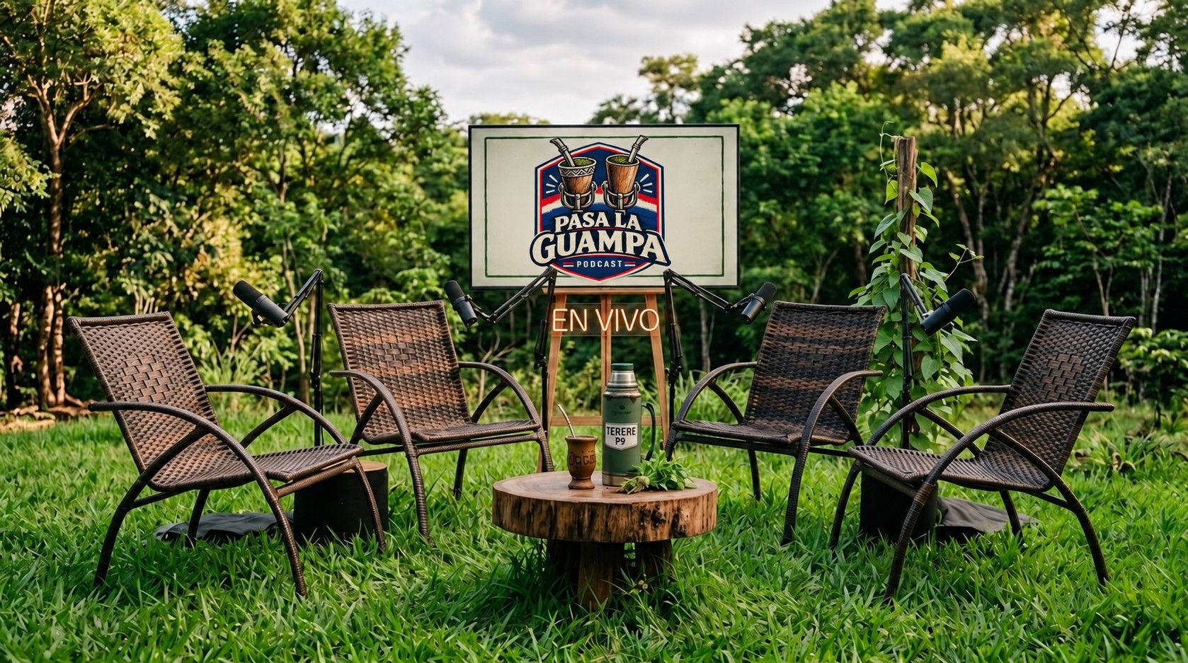 Set de Pasa la Guampa al aire libre: sillas de mimbre en ronda con micrófonos, mesa de tronco con termo y guampa, y el cartel con el logo frente al monte